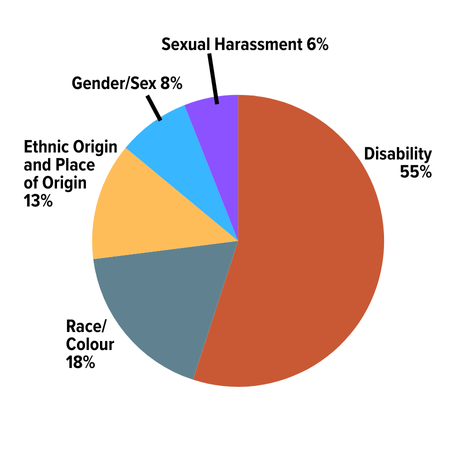 Most Common Grounds of Discrimination Inquires Disability: 11,753, 55%; Race, Colour: 4,006, 18%; Sex/Gender: 1,673, 8%; Sexual Harassment: 1,261, 6%; Ethnic Origin, Place of Origin: 2,803, 13%.
