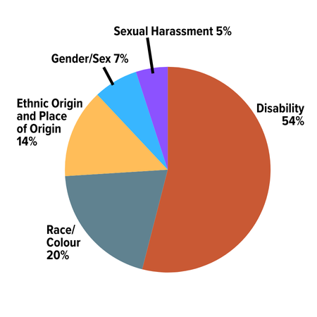 Top 5 Grounds of Discrimination for Inquires Disability: 54%; Race, Colour: 20%; Ethnic Origin, Place of Origin: 14%; Sex/Gender: 7%; Ethnic Origin, Place of Sexual Harassment: 5%.