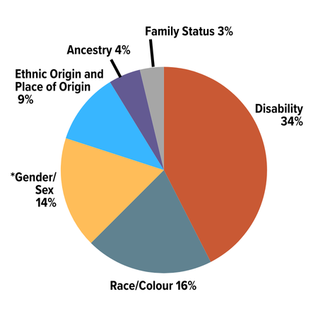 Most Common Grounds of Discrimination Inquires Disability: 34%; Race, Colour: 16%; Gender/Sex (includes sexual harassment, sexual orientation, gender identity, gender expression and pregnancy): 14%; Ethnic Origin, Place of Origin: 9%; Ancestry: 4%; Family Status 3%