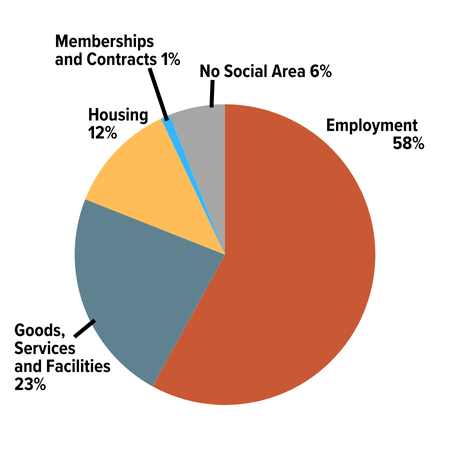 Intake - By Social Area:
Employment: 58%;
Goods, Services or Facilities: 23%; Housing: 12%; Memberships and Contracts: 1%; No Social Area identified: 6%.