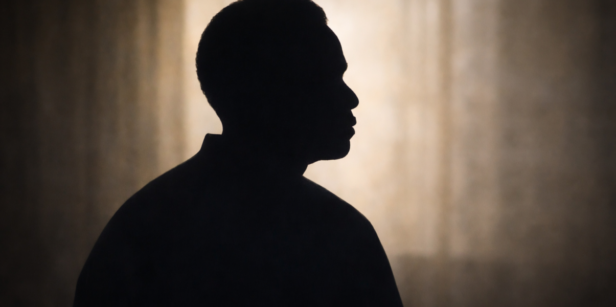 Individual in silhouette sitting in room with curtains drawn.